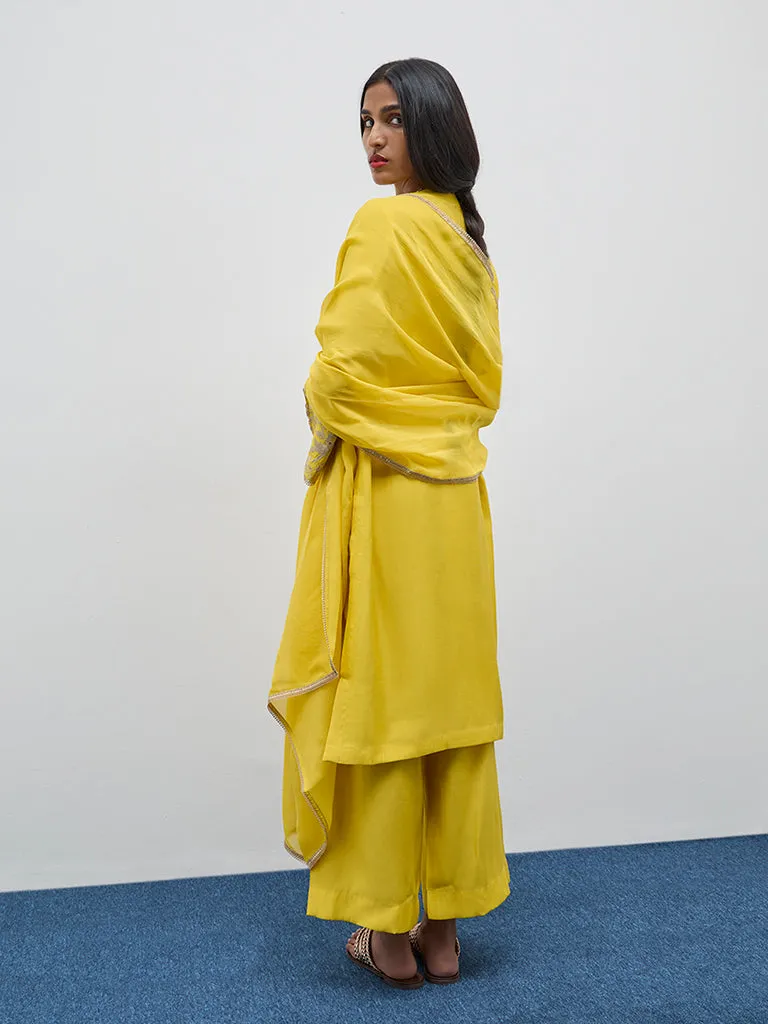Vark Yellow Embroidered A-Line Kurta, Pants and Dupatta Set