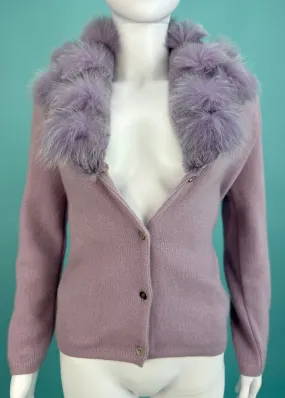 Versace Lilac Fur Trim Knitted Cardigan