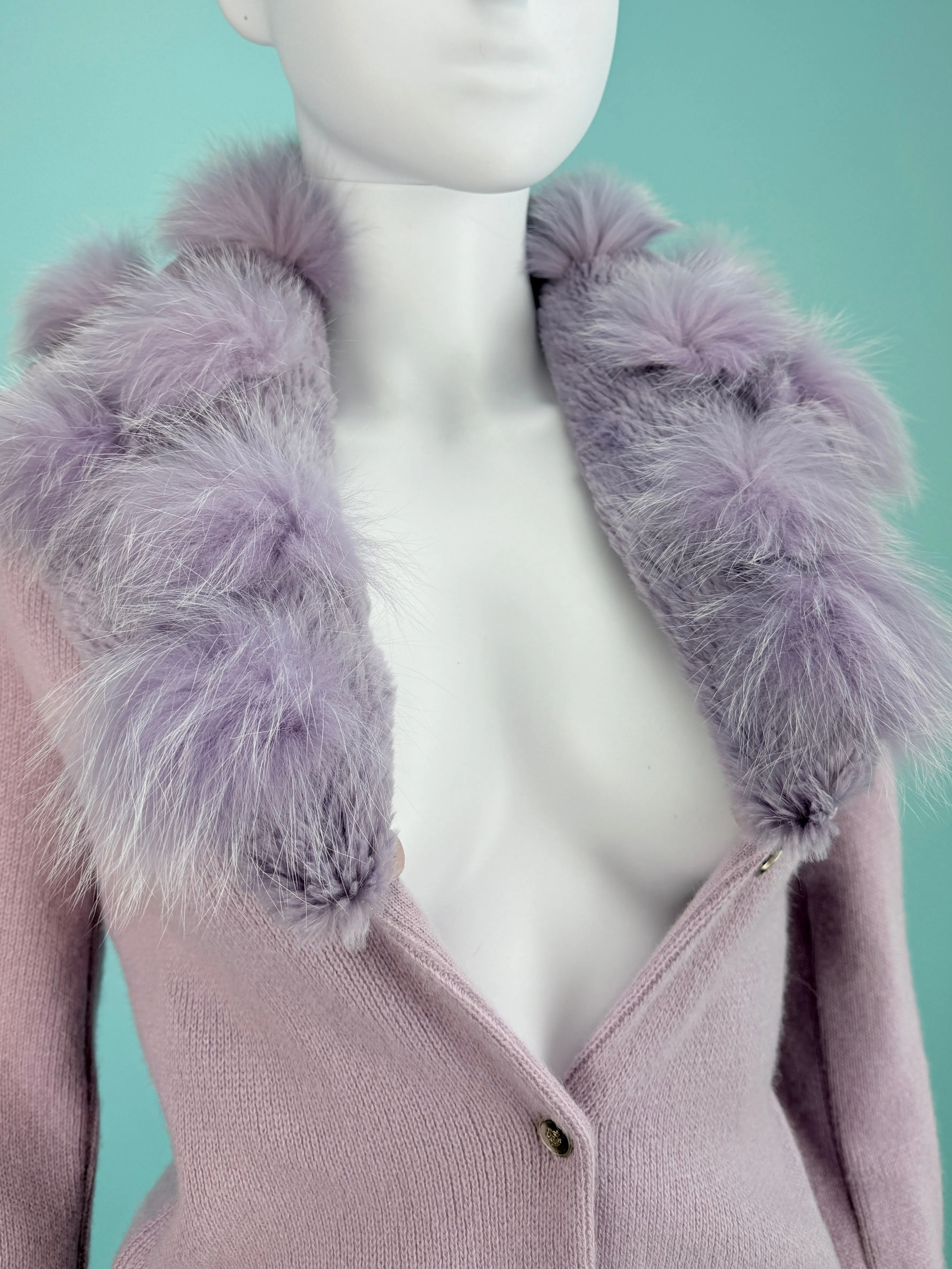 Versace Lilac Fur Trim Knitted Cardigan