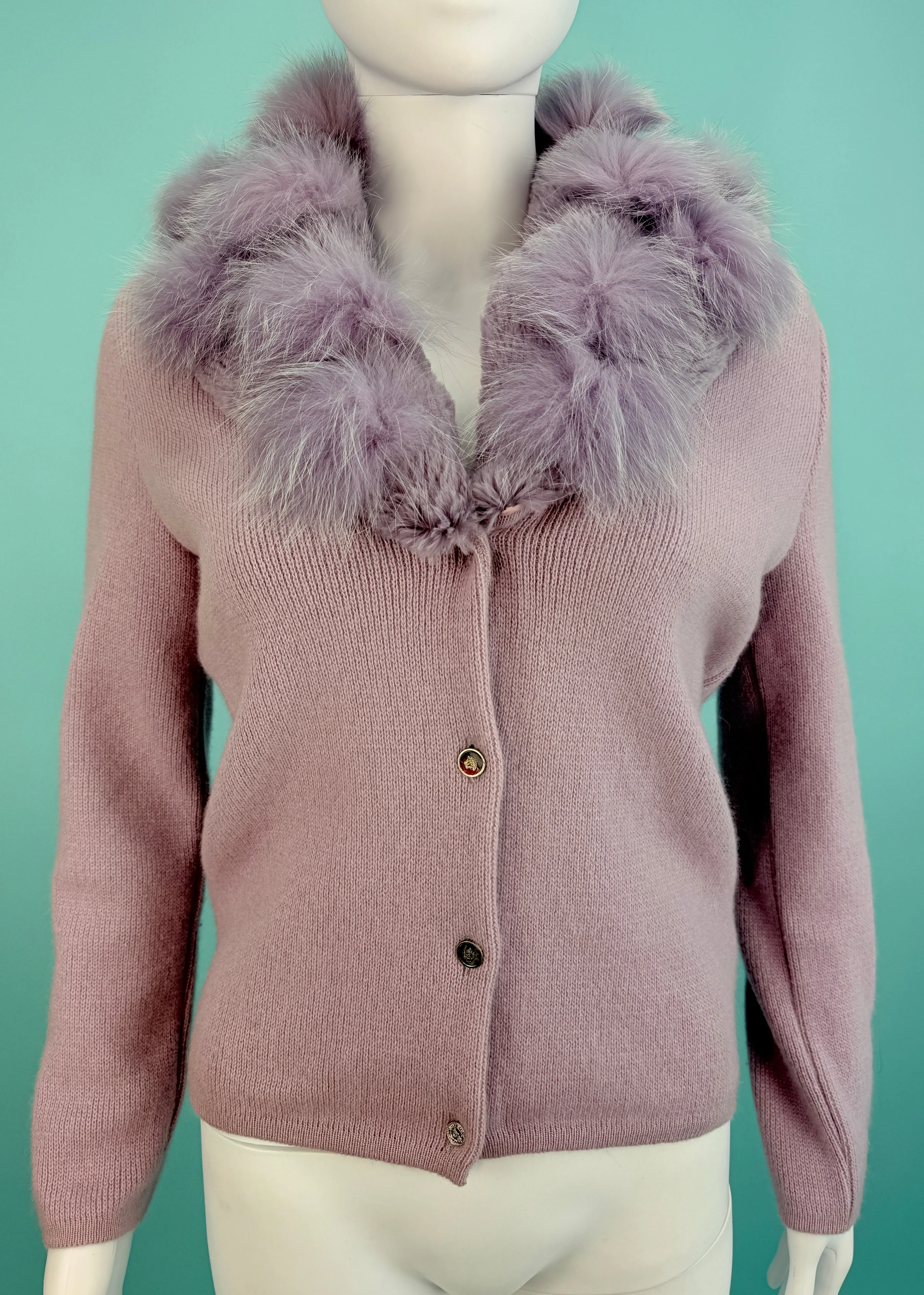 Versace Lilac Fur Trim Knitted Cardigan