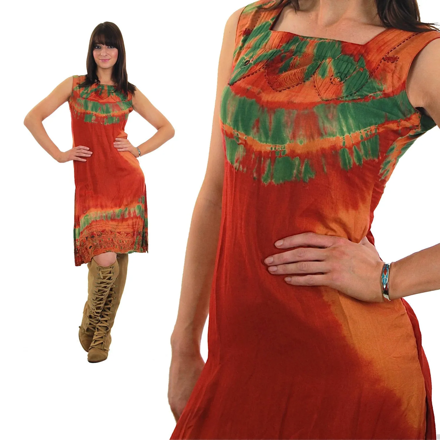 Vintage 70s Boho hippie tie dye border design mini sun dress