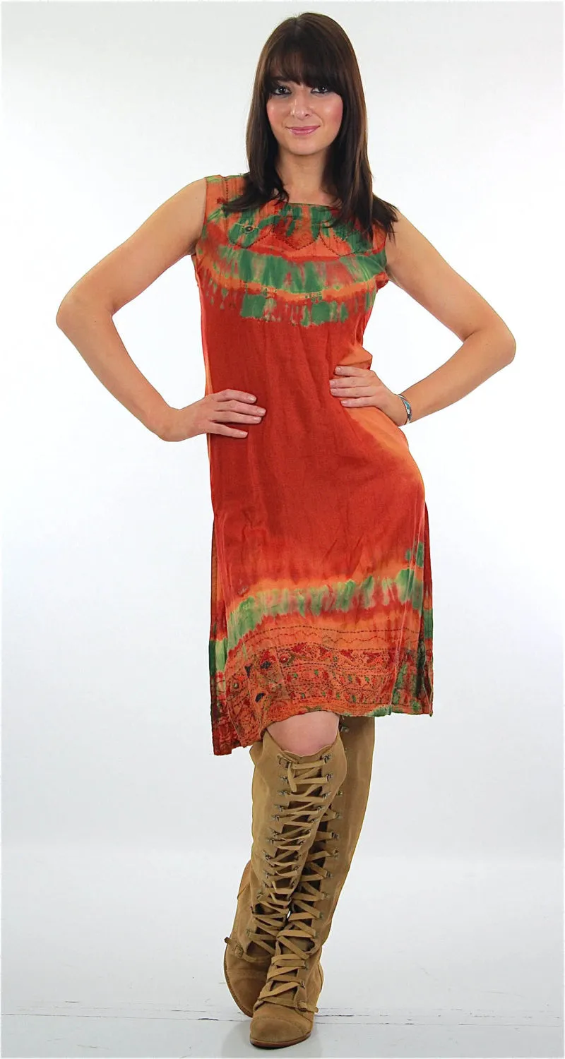 Vintage 70s Boho hippie tie dye border design mini sun dress