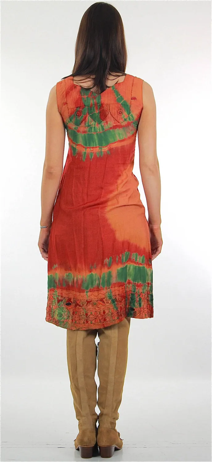 Vintage 70s Boho hippie tie dye border design mini sun dress