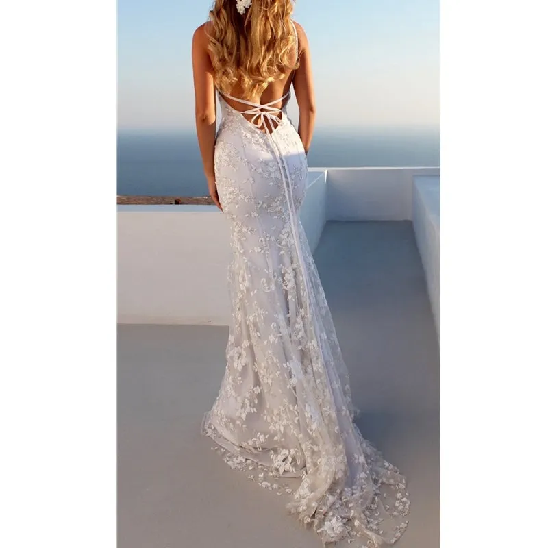 White floral lace paghetti strap floor-length bridal dress | mermaid maxi dress summer party dress