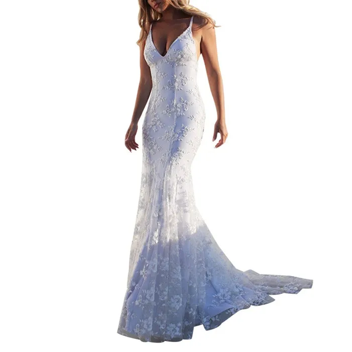 White floral lace paghetti strap floor-length bridal dress | mermaid maxi dress summer party dress