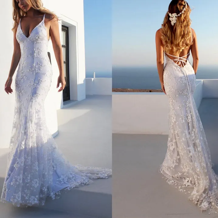 White floral lace paghetti strap floor-length bridal dress | mermaid maxi dress summer party dress