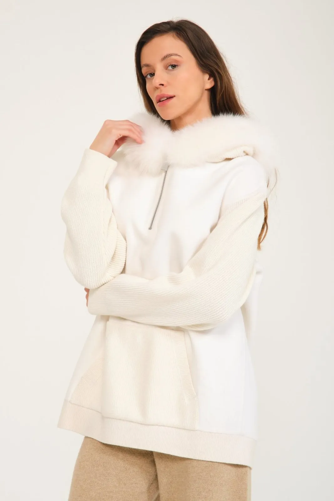 White Wool & Fox Fur Hoodie