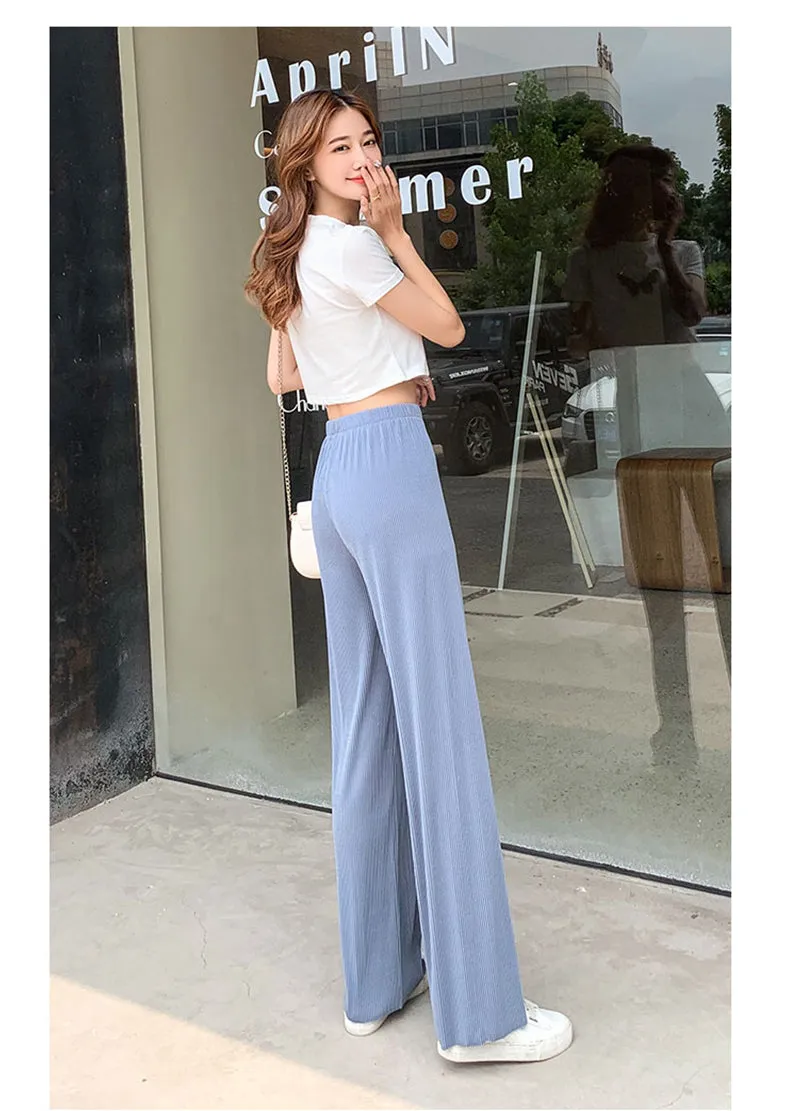Wide Leg Pants Women Summer High Waist Drape Loose Floor Length Long Thin Ice Silk Straight Jeans Pants