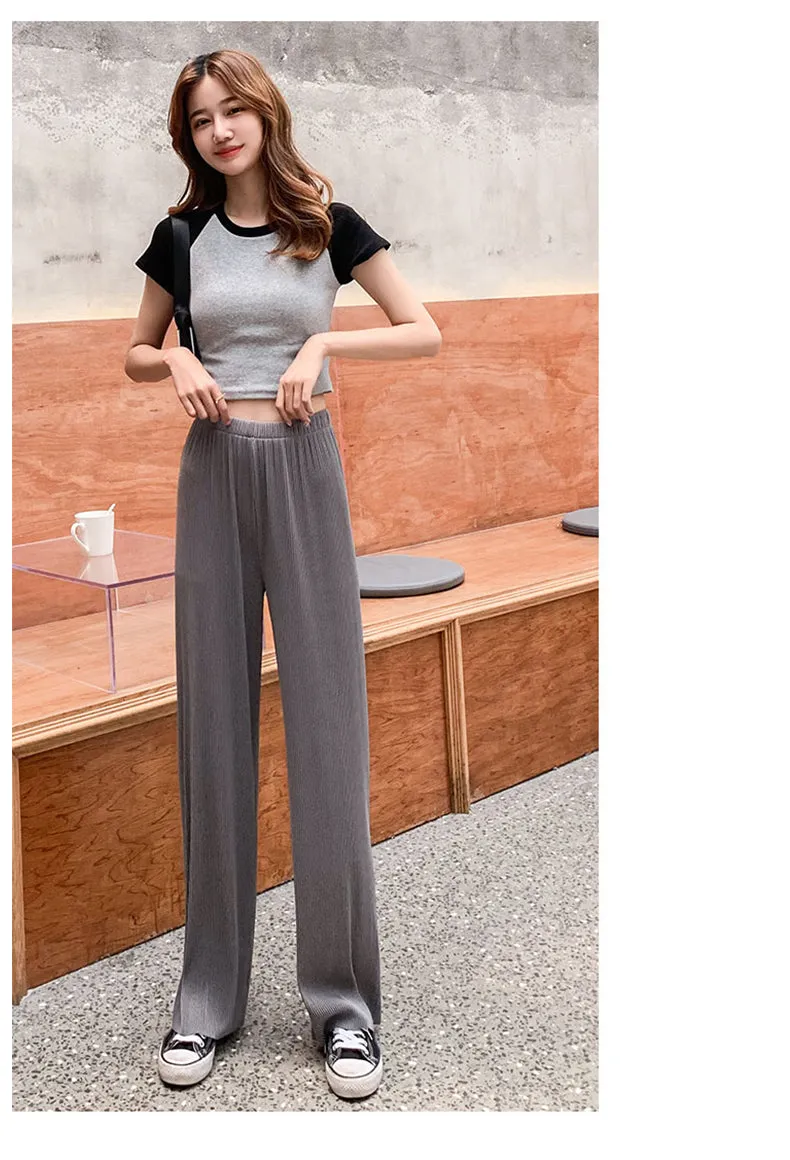 Wide Leg Pants Women Summer High Waist Drape Loose Floor Length Long Thin Ice Silk Straight Jeans Pants