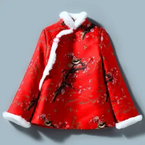 Wintersweet Pattern Brocade Fur Edge Women's Chinese Style Wadded Coat