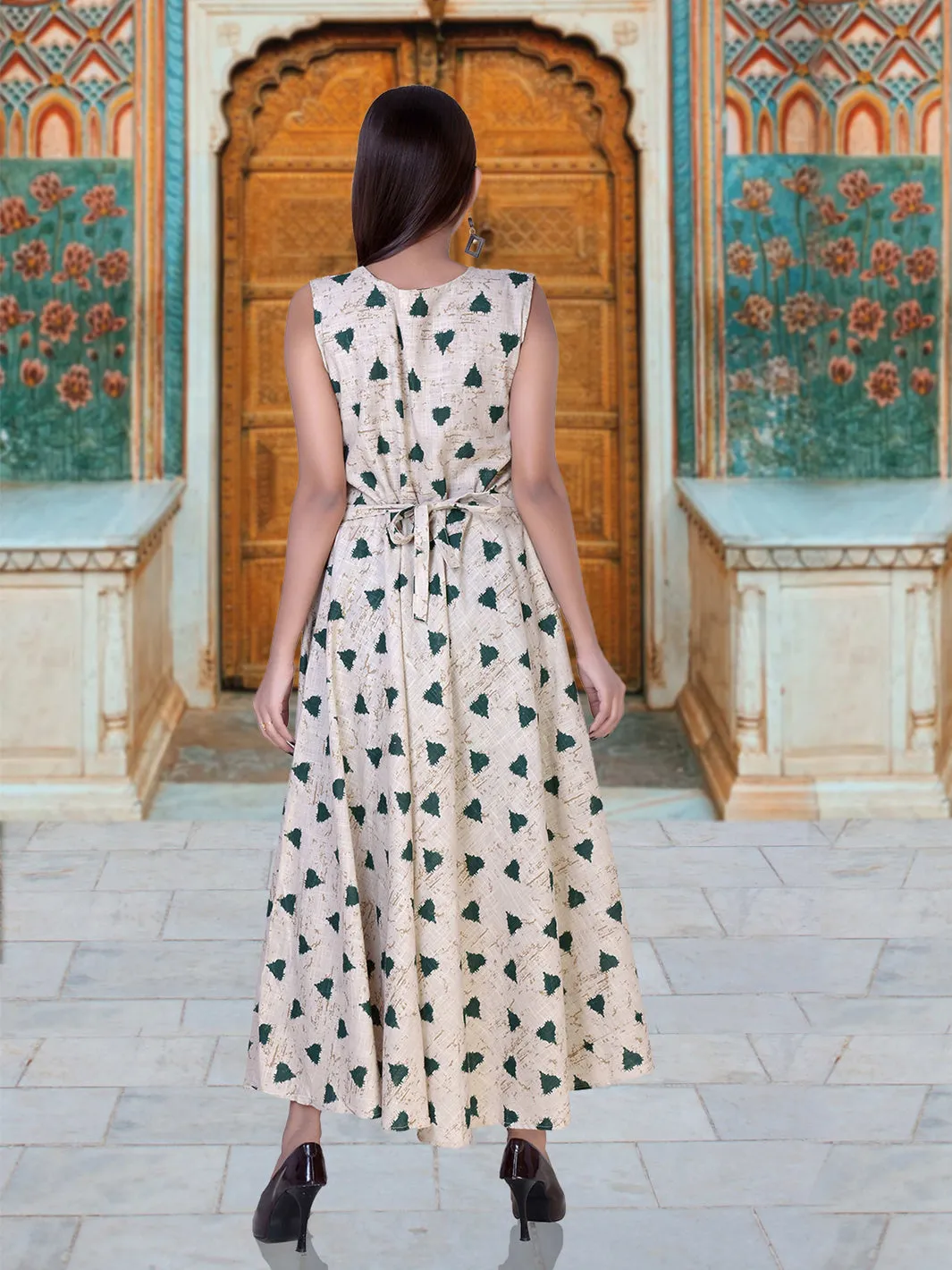Women Cotton Green Heart Maxi Long Gown