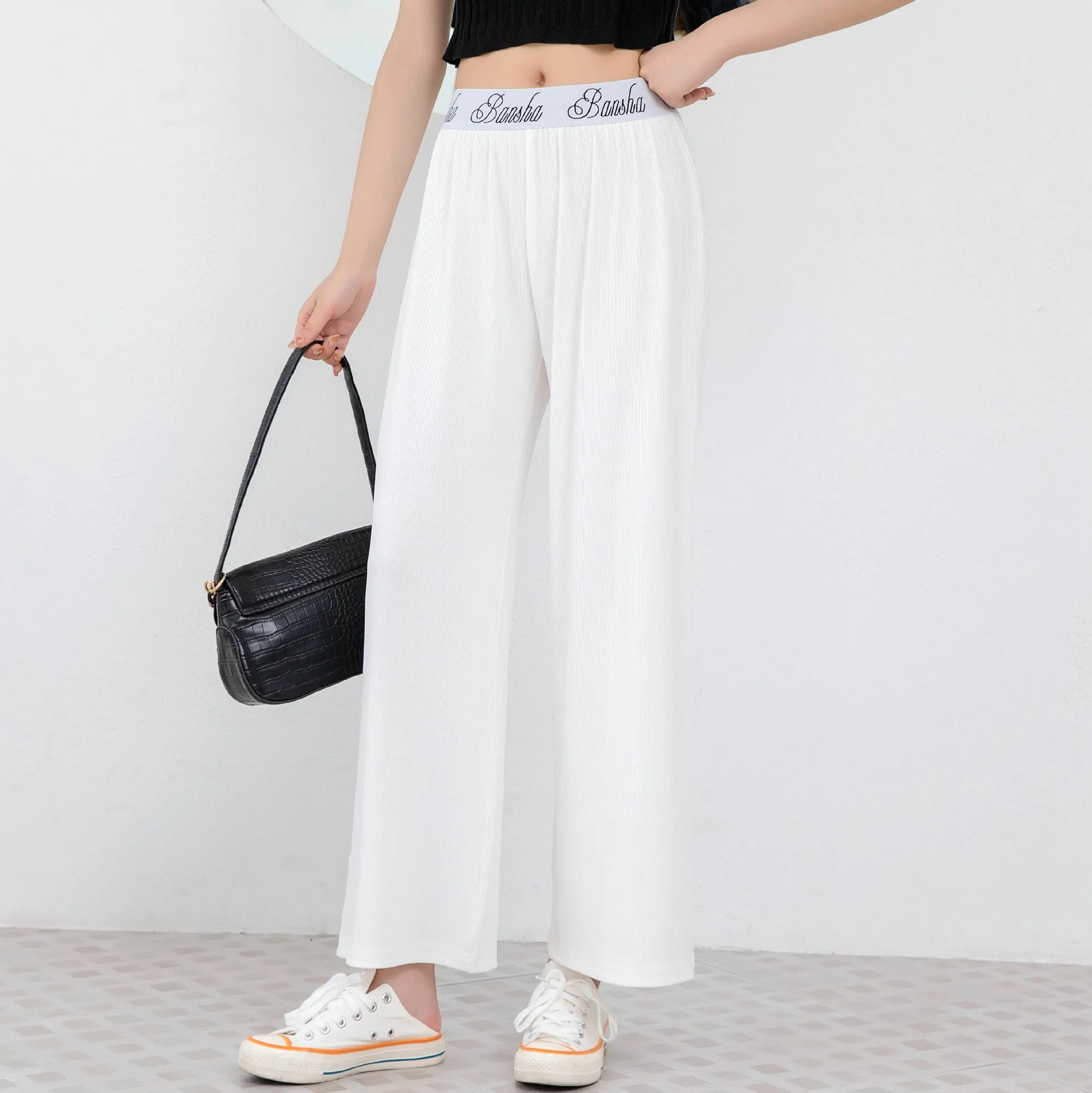 Women Ice Silk Pants Drape Loose Straight Ankle-Length High Waist Wide Leg Pants