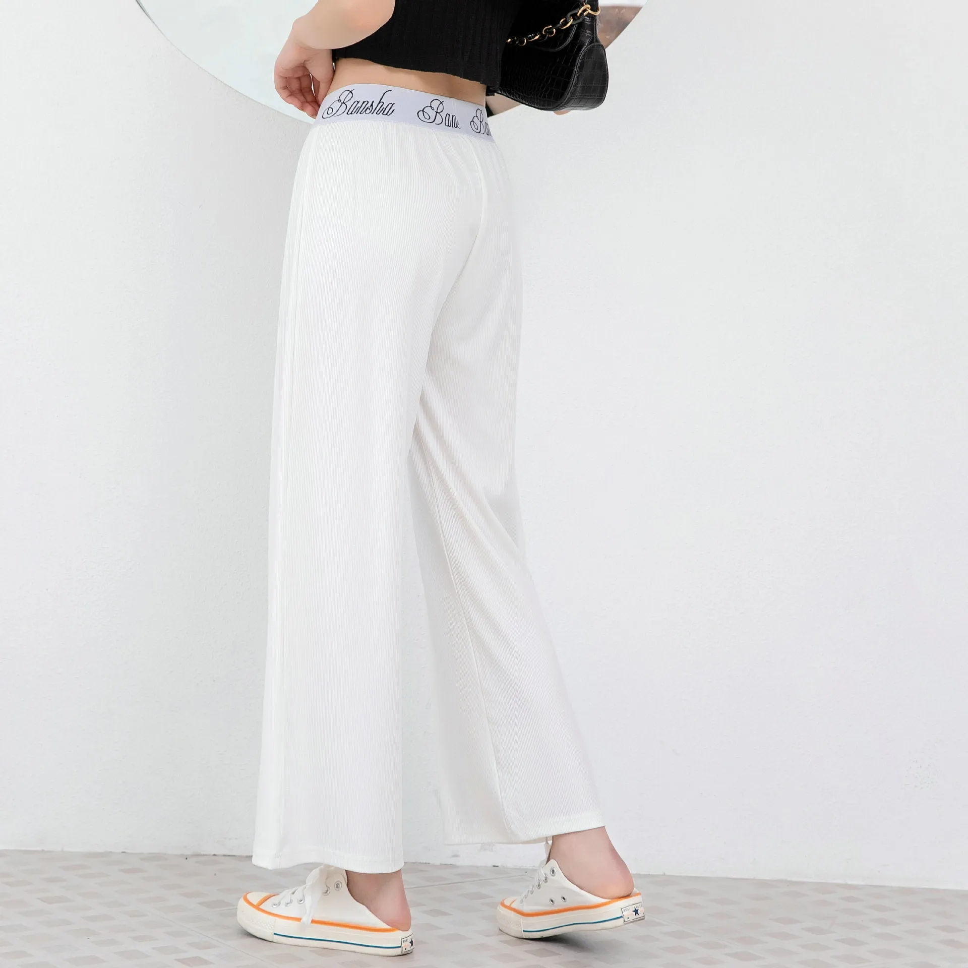 Women Ice Silk Pants Drape Loose Straight Ankle-Length High Waist Wide Leg Pants