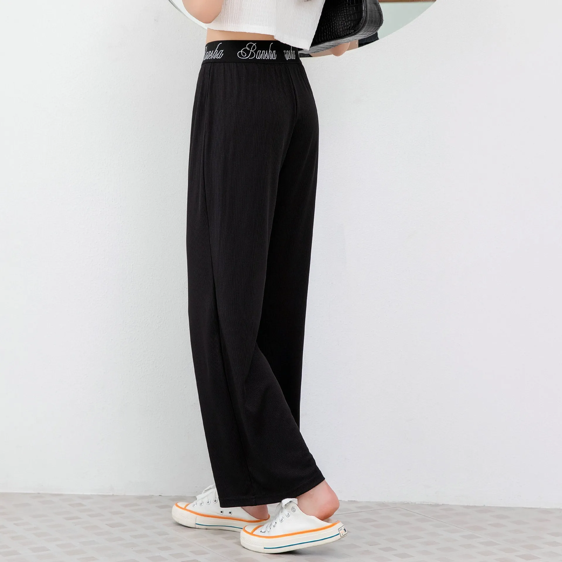 Women Ice Silk Pants Drape Loose Straight Ankle-Length High Waist Wide Leg Pants