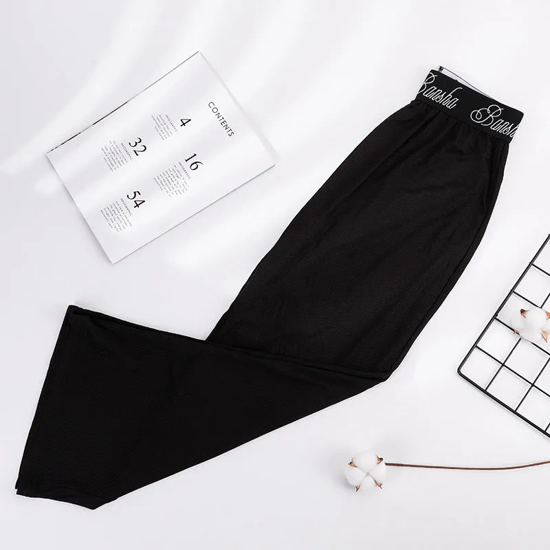 Women Ice Silk Pants Drape Loose Straight Ankle-Length High Waist Wide Leg Pants