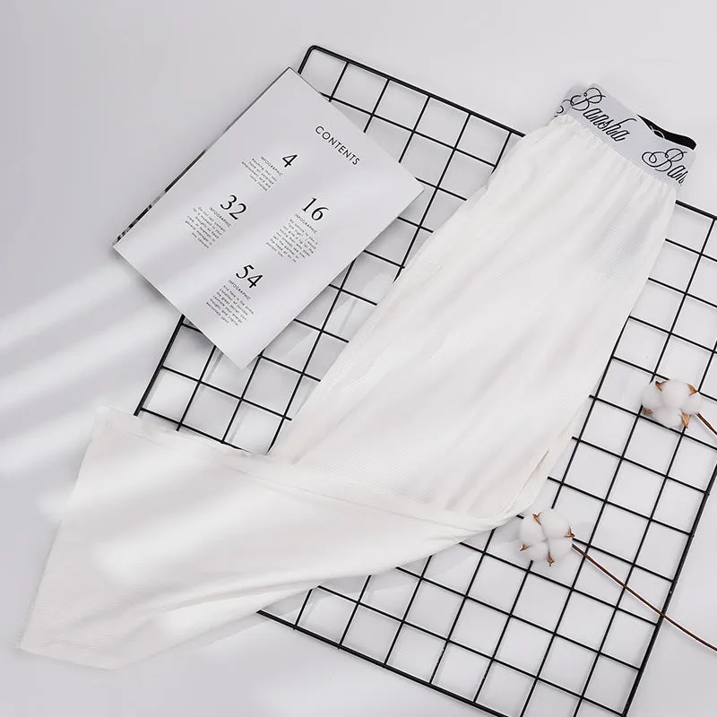 Women Ice Silk Pants Drape Loose Straight Ankle-Length High Waist Wide Leg Pants