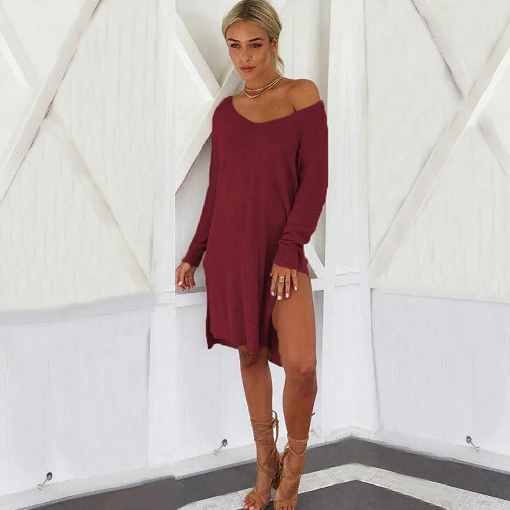Women's Solid O-Neck Strapless Long Sleeve Pullover Split Dress