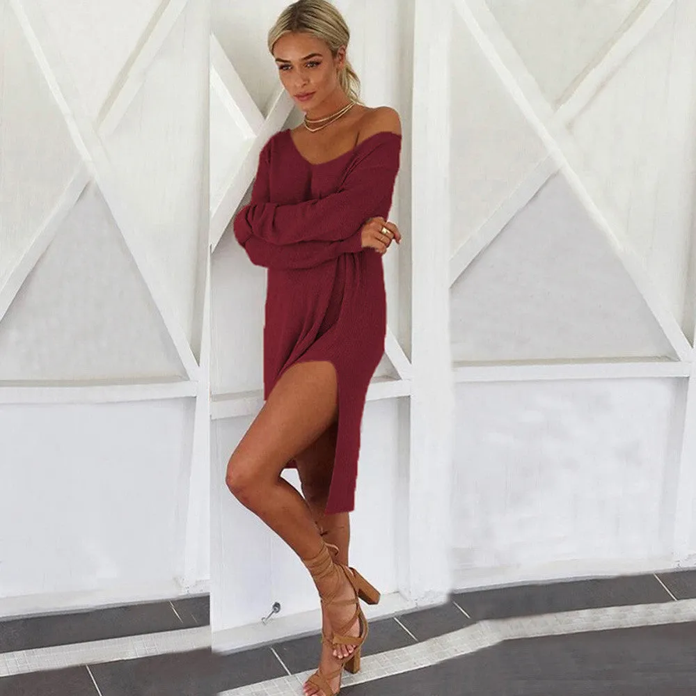 Women's Solid O-Neck Strapless Long Sleeve Pullover Split Dress