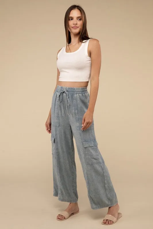 Zenana Washed Linen Elastic Band Waist Cargo Pants