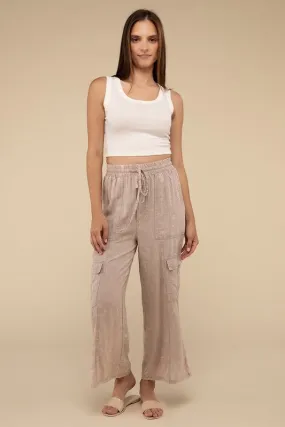 Zenana Washed Linen Elastic Band Waist Cargo Pants