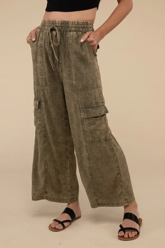 Zenana Washed Linen Elastic Band Waist Cargo Pants