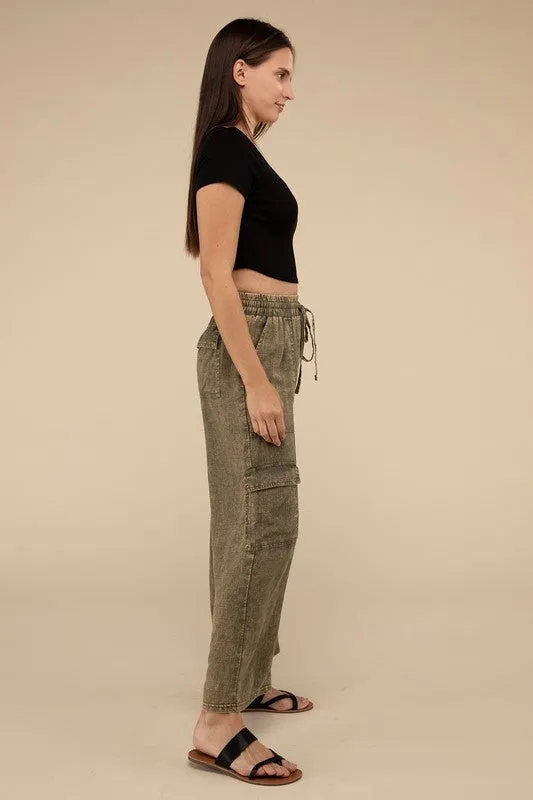 Zenana Washed Linen Elastic Band Waist Cargo Pants